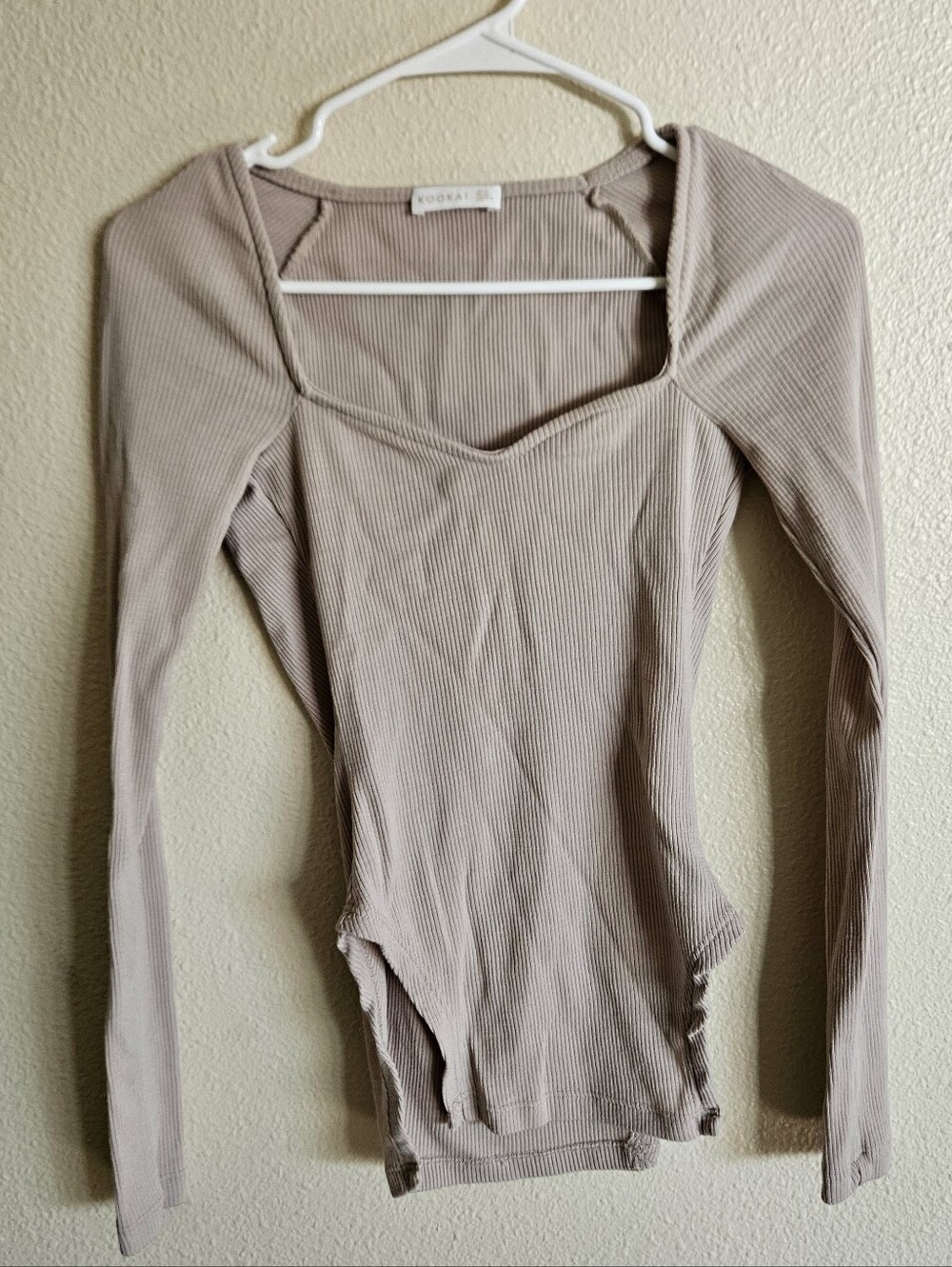 Kookai Australian Merino Wool Ribbed Square-Neck Long Sleeve Top - Taupe